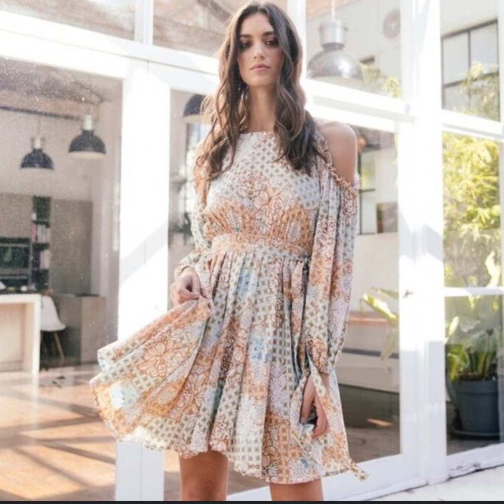 JAASE Maya Print Crystal Cold-Shoulder Mini Dress